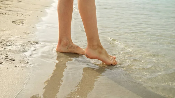 Closeup Little Boy Checking Sea Water Temperature His Feet Holiday — Stock Photo, Image