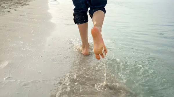 Slow Motion Happy Little Boy Running Sandy Shore Splashing Waves — Stock Photo, Image