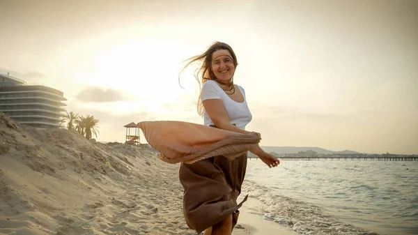 Happy Young Woman Playfully Dances Beach Flowing Silk Scarf Sun — Stock Photo, Image
