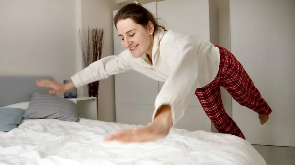 Woman Runs Bed Throws Herself Surrender Relaxation Chance Let All — Stock Photo, Image