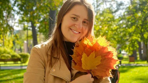 Portrait Beautiful Smiling Woman Holding Bunch Yellow Maple Trees Autumn — Stock Photo, Image