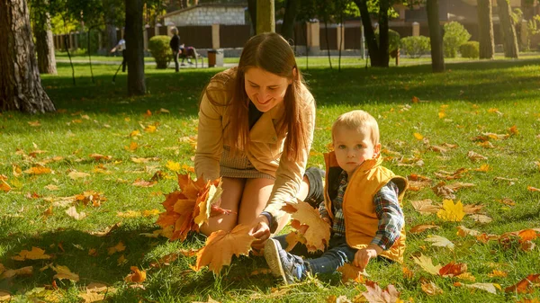 公園で幼い息子と一緒に草の上に座り 倒木の葉を集める若い母親 家族のアウトドア 幸せな子育てと子供時代 秋の風景 — ストック写真