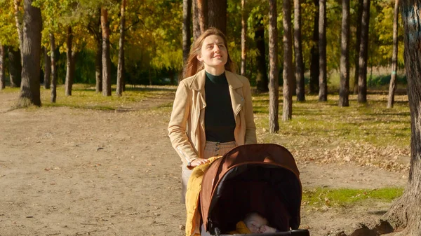 秋の公園でベビーカーを持って歩く美しい若い女性 子育て 屋外でのリラックス 美しい母親 — ストック写真