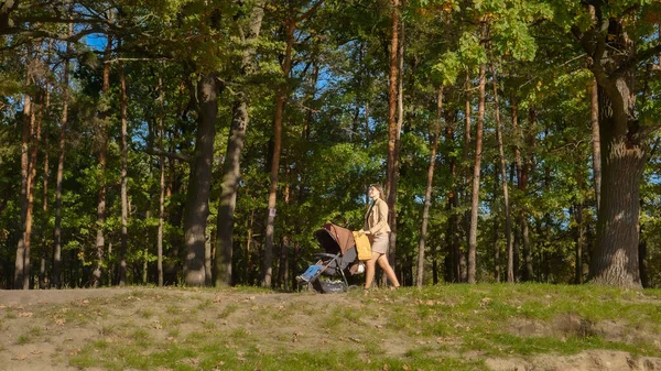 Piękna Młoda Kobieta Spódnicy Spacerująca Wózkiem Dziecięcym Parku Rodzicielstwo Relaks — Zdjęcie stockowe