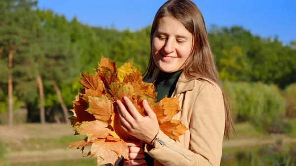 美丽的微笑的女人 秋天的树叶在公园里悠闲 美丽的大自然 陷在城市里 快乐的女人 — 图库照片