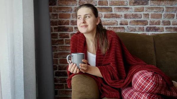 Smiling Woman Drinking Tea Plaid Looking Out Window Female Resting — Stock Photo, Image