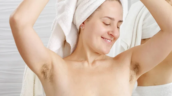 Portrait Smiling Natural Woman Growing Armpit Hair Posing Bathroom Concept — Stock Photo, Image
