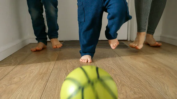 Two Young Boys Mother Playing Football Wooden Floor House Corridor — Stock Photo, Image