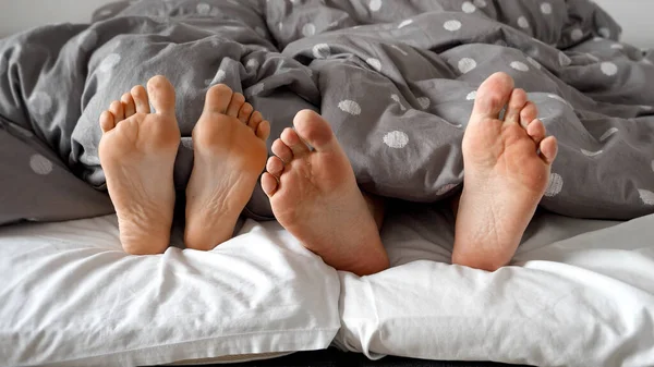 Nogi Pary Wirują Żartobliwie Pod Kołdrą Leniwy Poranek Pojęcie Miłości — Zdjęcie stockowe