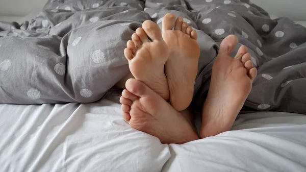 Les Pieds Couple Couchés Cachés Sous Couverture Sur Lit Confortable — Photo