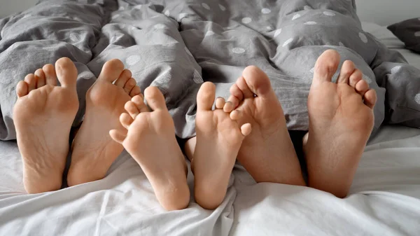 Die Füße Der Glücklichen Familie Liegen Zusammen Unter Der Decke — Stockfoto