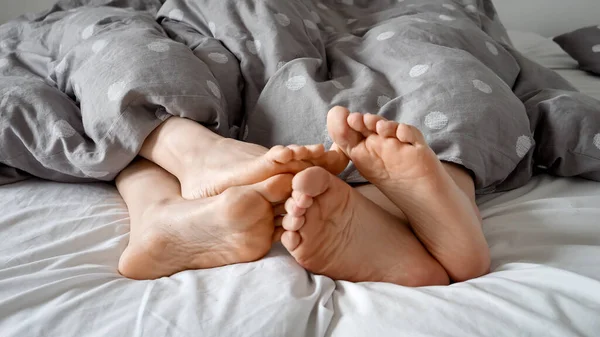 居心地の良いベッドの上の毛布の下で親と子供の足の閉鎖ショット 家族の絆 愛の概念 — ストック写真
