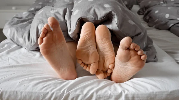 Couple\'s feet entangled under a blanket on a soft bed, showcasing the love and intimacy between them