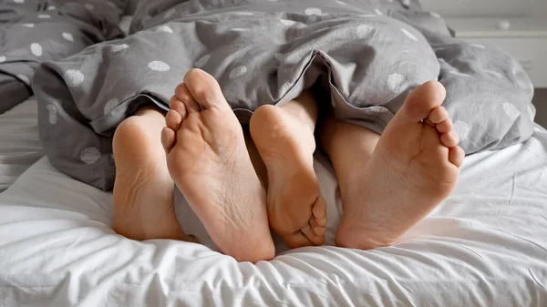 柔らかいベッドの上で居心地の良い毛布の下でお互いの親密さを探索し カップルの足 家族愛の概念との関係における親密さの重要性を描写するのに理想的です — ストック写真