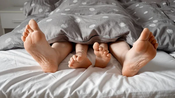 Detailní Záběr Milující Nohy Rodičů Dítěte Ležící Pod Přikrývkou Posteli — Stock fotografie