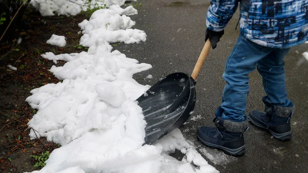 Young Boy Can Seen Shoveling Snow Backyard Walkway Snowstorm Blizzard — Stock Photo, Image