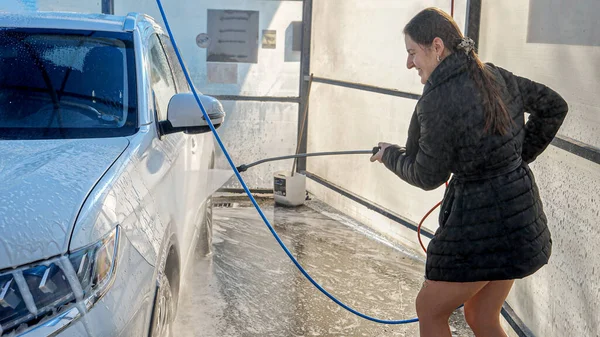 Smiling Woman Washing Her Car Water Foam Carwash Automobile Care — Stock Photo, Image