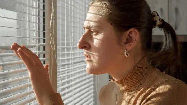 Portrait Shocked Scared Woman Looking Outdoors Window Crime Witness Spying — Stock Photo, Image