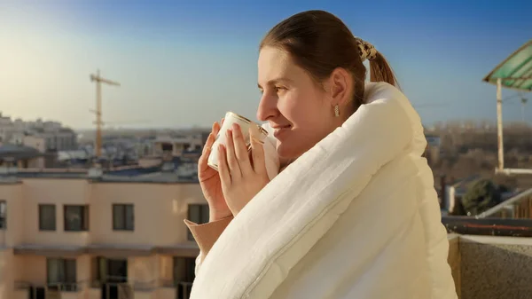Young Woman Covering Blanket Enjoying Morning Sun Cup Tea People — Stock Photo, Image
