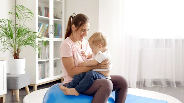 Happy Baby Boy Having Fun Doing Exercises Fitball His Mother — Stock Photo, Image