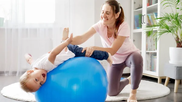 Happy Smiling Baby Boy Having Fun While Lying Fitball Doing — Stock Photo, Image