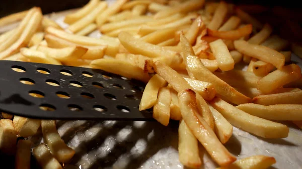 Closeup Stirring Baking French Fries Oven Spatula Fast Food Healthy — Stock Photo, Image