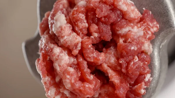 粉砕機で肉を採掘するマクロショット 家庭での調理 キッチン家電 健康的な栄養 ハンバーガーの成分 — ストック写真