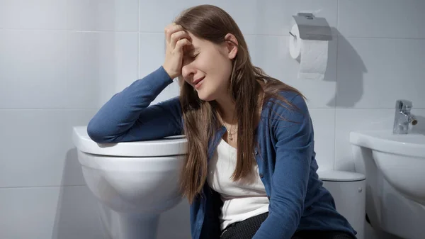 Crying Young Woman Having Problems Stress Life Sitting Floor Toilet — Stock Photo, Image