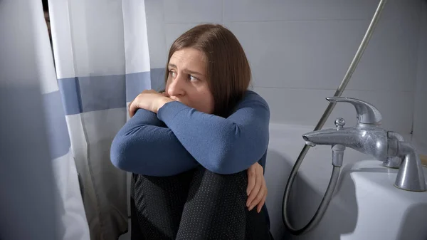 Scared Woman Being Victim Domestic Violence Abuse Hiding Bath — Stock Photo, Image