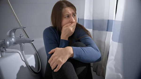 Young Woman Feeling Scared Hiding Bathroom Closing Her Mouth Stop — Stock Photo, Image