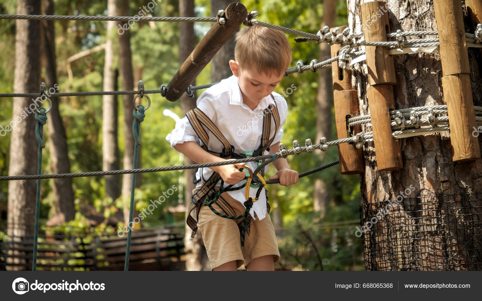 Little Boy Connecting His Safety Rope Hook Climbing Tree Park