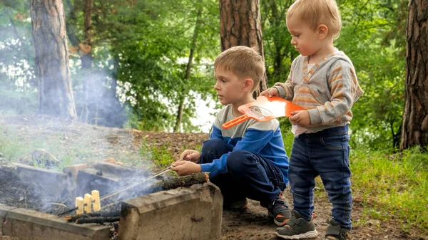 两个小男孩在森林里用篝火做饭 积极的闲暇 露营中的儿童 自然的家庭假期 — 图库照片