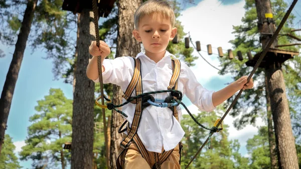 Porträt Eines Kleinen Jungen Der Über Aufgereihte Seile Klettertrainingszentrum Lächelt — Stockfoto