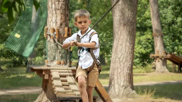 Junge Überquert Wackelige Holzbrücke Abenteuerpark Wald Aktive Kindheit Gesunder Lebensstil — Stockfoto