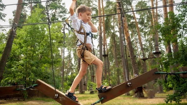 Kleiner Junge Überquert Wackelige Hängebrücke Extrem Abenteuerpark Kindersport Sommerurlaub Spaß — Stockfoto