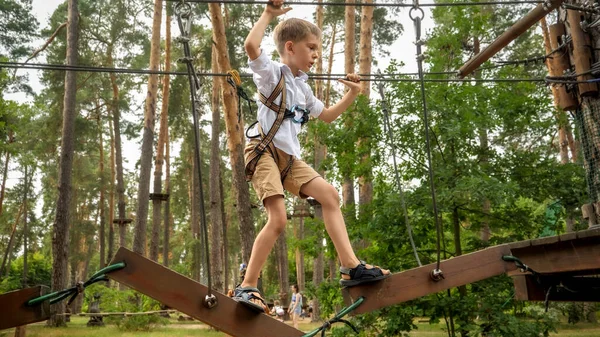 若い男の子はロープを保持し 森のアドベンチャーパークで揺れる橋を渡ろうとしています — ストック写真