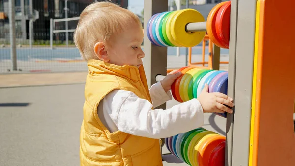 Cute Baby Boy Playing Colorful Abacus Outdoors Children Developments Kids — Stock Photo, Image