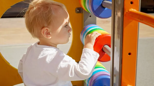 Portrait Blonde Baby Boy Playing Colorful Wooden Playground Outdoors Children — Stock Photo, Image