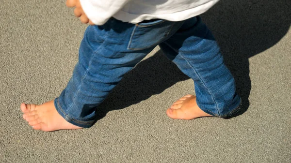 Closeup Barefoot Baby Walking Asphalt Road Kids Outdoors Children Nature — Stock Photo, Image