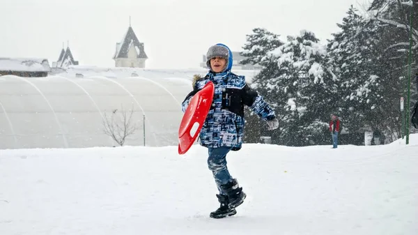Волнение Маленького Мальчика Скачущего Вверх Снежному Холму Санями Руке Взволнованного — стоковое фото