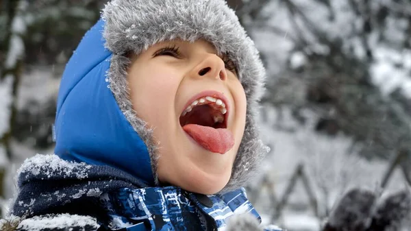 Szczęśliwy Wesoły Chłopiec Łapiący Płatki Śniegu Swoim Językiem Zabawa Radość — Zdjęcie stockowe