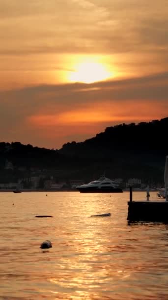日没の海港から出るヨットの垂直映像 — ストック動画
