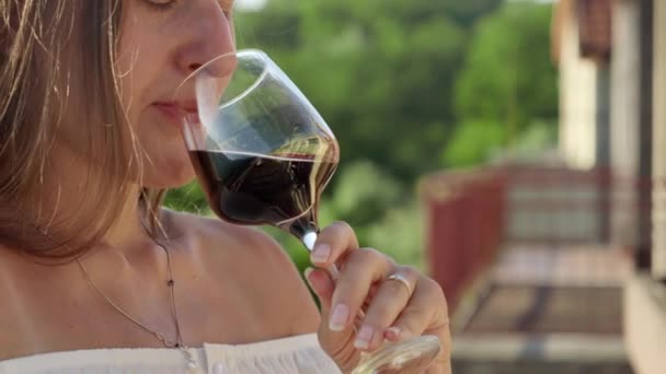 在夏日的庆祝活动中 一位优雅的黑发女子在一座风景如画 俯瞰雄伟群山的别墅露台上欣赏着一杯精致的红酒 — 图库视频影像