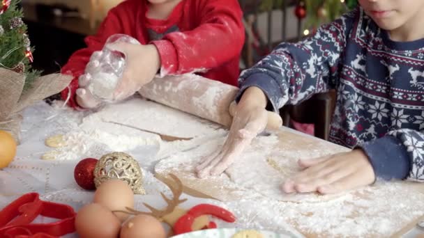 Closeup Two Boys Making Dough Using Rolling Pin While Making — Stock Video