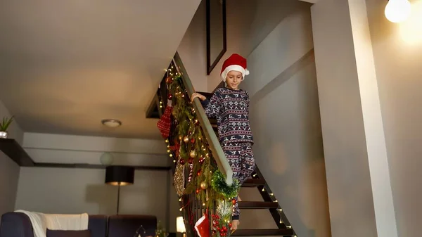 Cheerful Excited Boy Pajamas Running Stairs Open Gifts Presents Santa — Stock Photo, Image