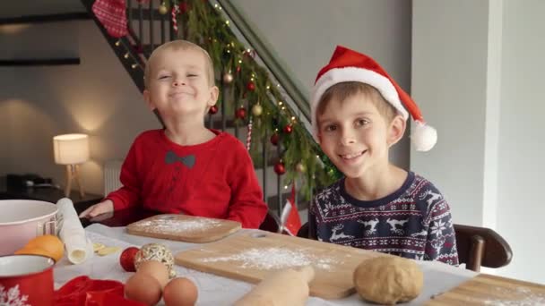 Retrato Dos Chicos Alegres Sonrientes Celebrando Navidad Sentados Detrás Del — Vídeo de stock