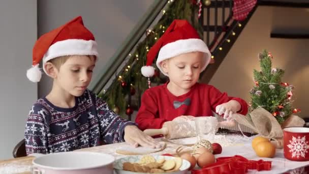 Twee Kleine Jongens Hoed Van Kerstman Maken Deeg Koken Traditionele — Stockvideo