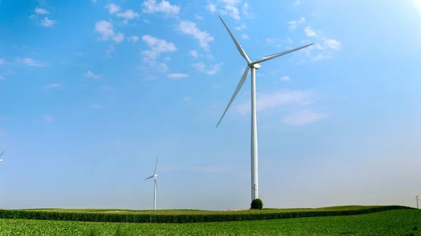 View Green Fields Meadows Working Wind Powered Turbines Generating Electric — Stock Photo, Image