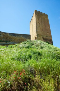 İspanya 'nın Aragon eyaletinin Zaragoza ilindeki Layana köyündeki kalenin dış görünüşü