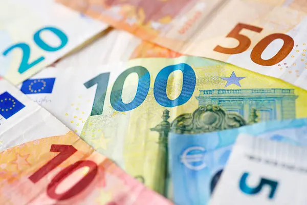 European Union Banknotes Stacked Table — Stock Photo, Image